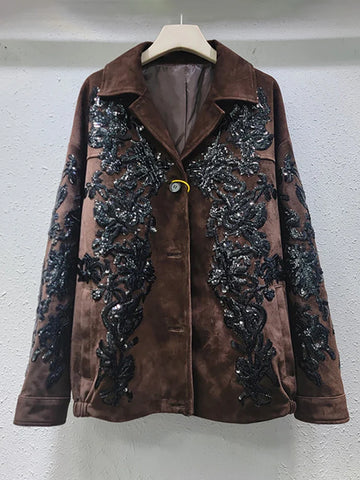 Notched Collar Sequin Embroidery Suede Blazer