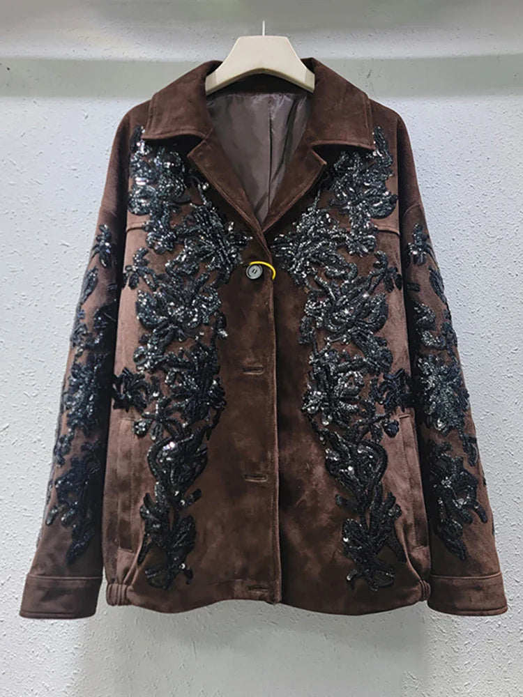 Notched Collar Sequin Embroidery Suede Blazer