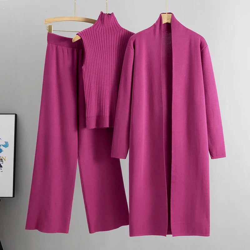 3 Piece Outfit Set - Cardigan, Top and Knitted Pant