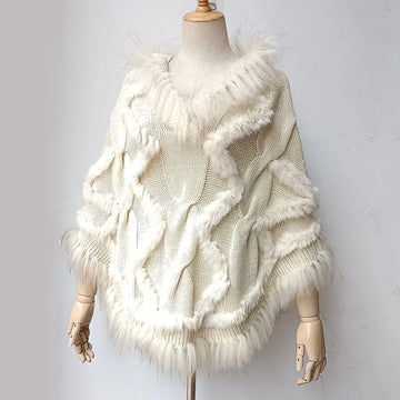 Warm Knitted Poncho With Real Raccoon Fur Stripe