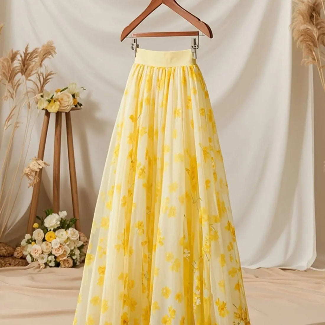 Yellow Chiffon Floral Long Dress