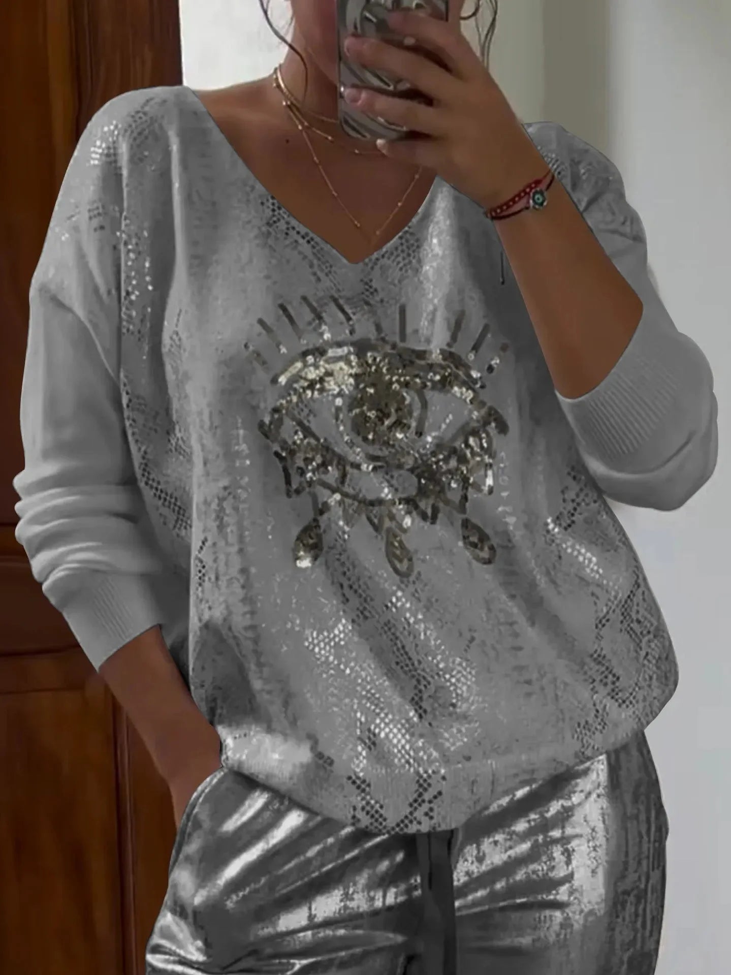 Eye of Protection V-Neck Loose Long Sleeve T-Shirt