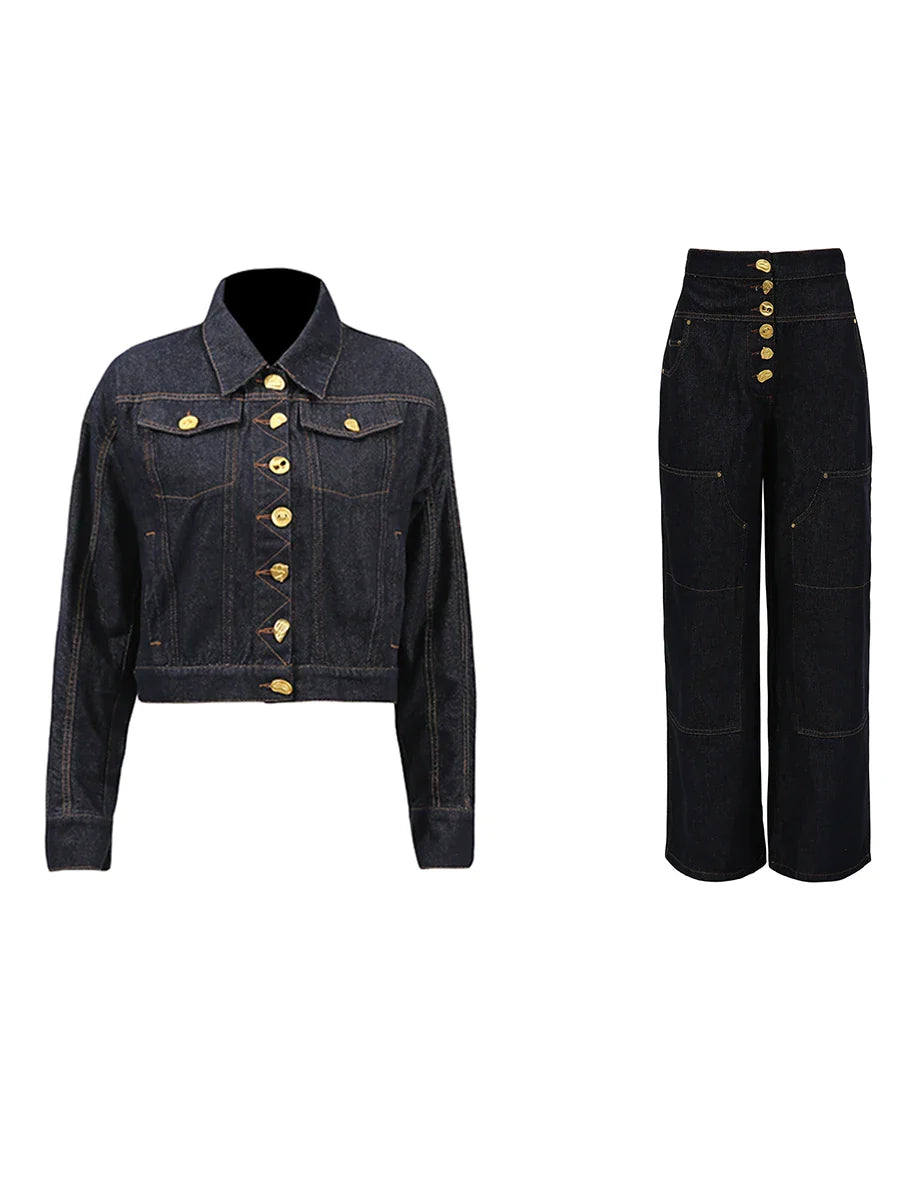 Spliced Button Two Piece Denim Set