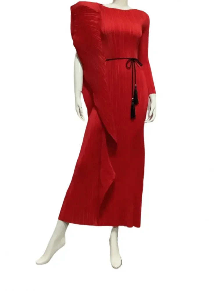 Bright Ruffled Pleated Asymmetrical Dress