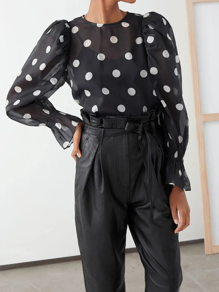 Polka Dot Chiffon Blouse | Sheer Puff Sleeve Women¡¯s Top