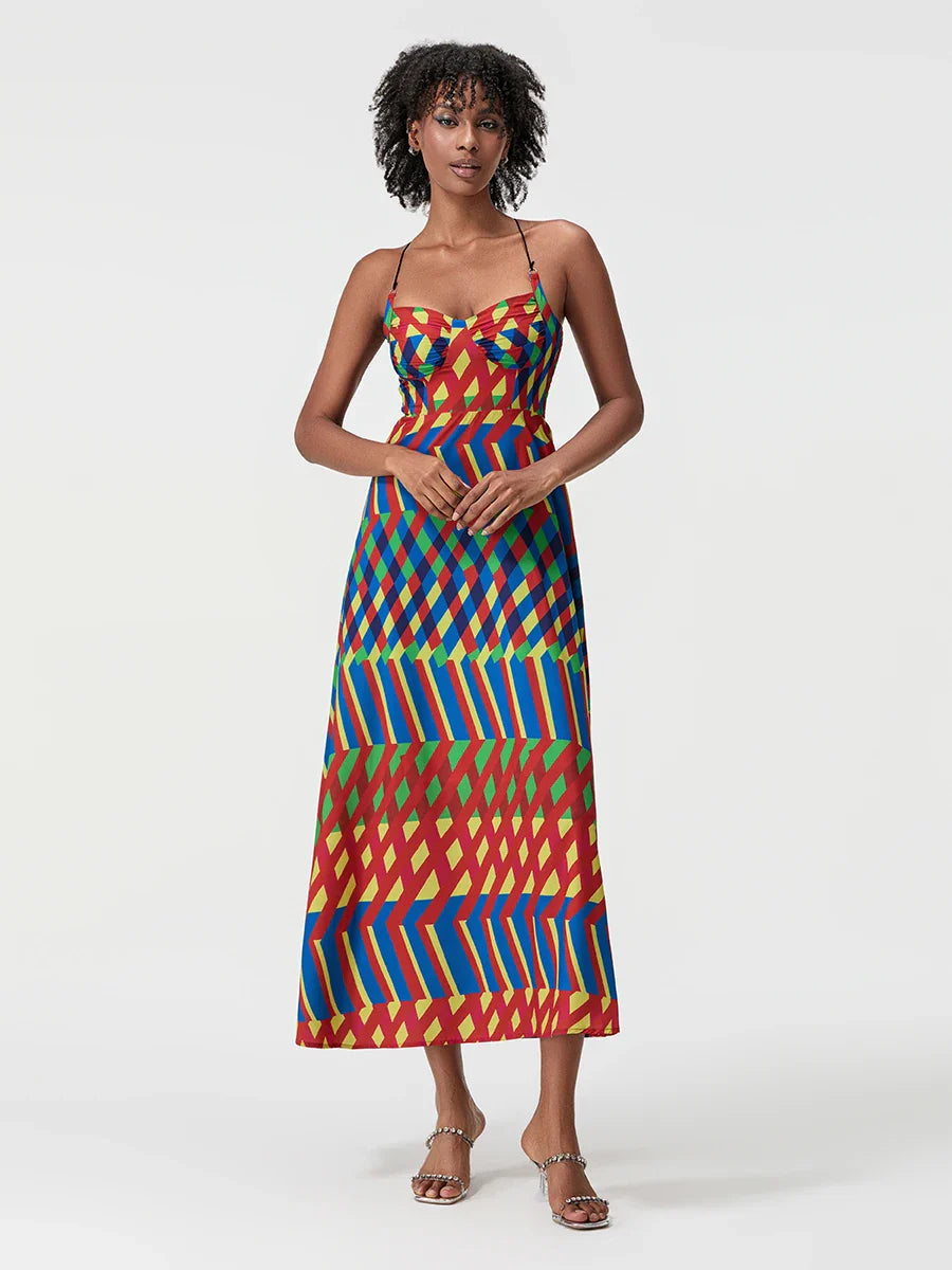 Contrast Line Slip Dress| Backless Spaghetti Strap