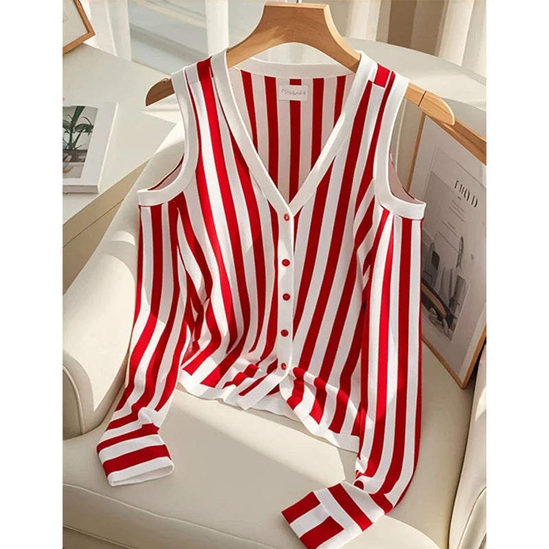 Red Striped Loose Off Shoulder Top