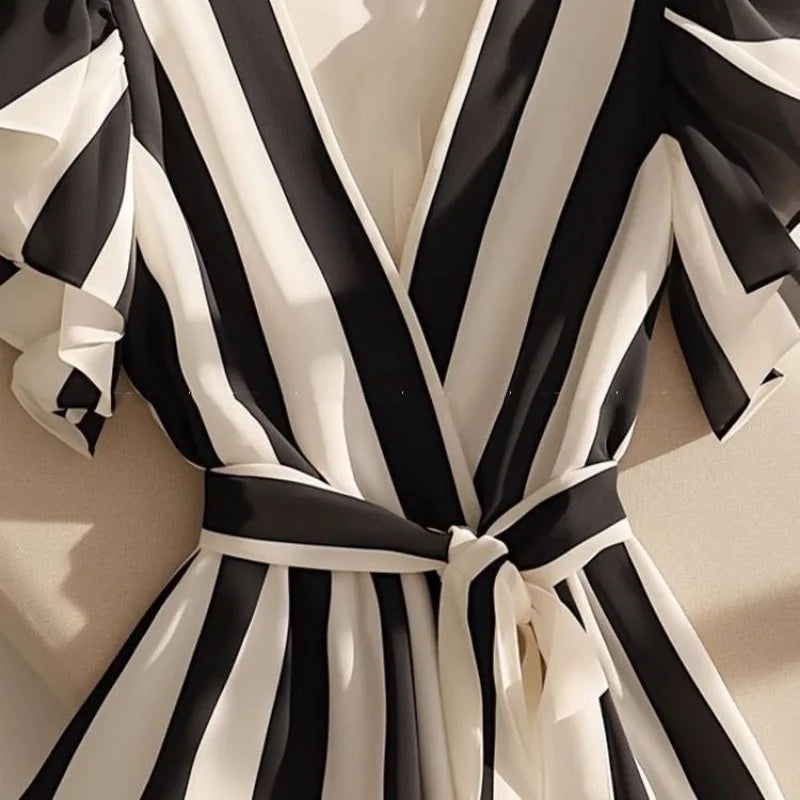 Striped Slim Fit V-Neck Shirt Ruffles Blouse