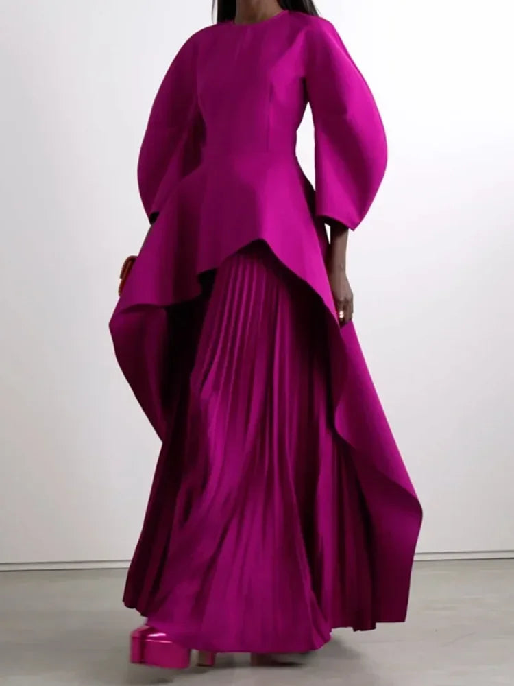 Elegant Fuchsia Tiered Pleated Maxi Dress