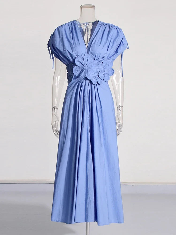 Spliced Bodice Floral Applique Spring Dress