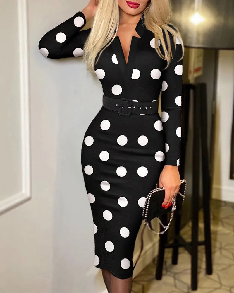 Polka Dot Midi Pencil Dress with Belt