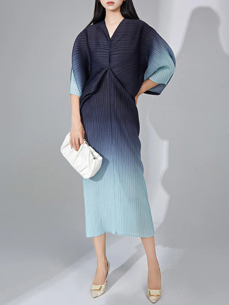 Bright Ombre Gradient Pleated Dress