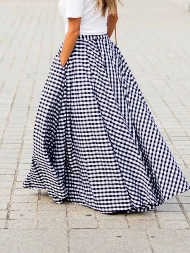 Pleated Bohemian Gingham Print A-Line Maxi Skirt with Pockets
