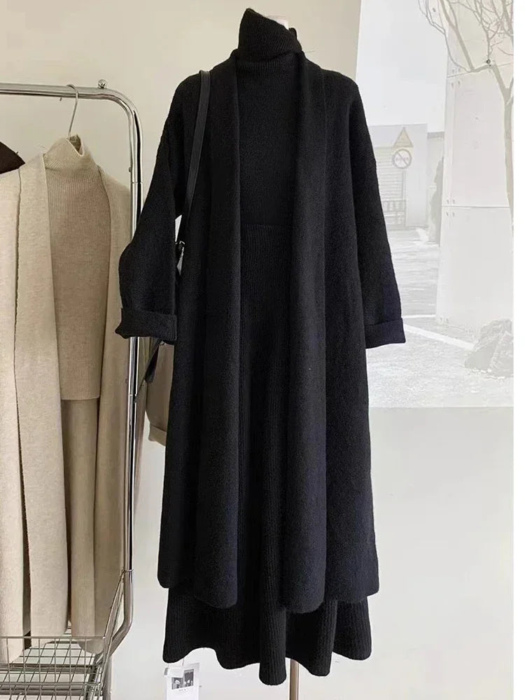 3-Piece Knit Set ¨C Turtleneck Vest & Maxi Skirt for Fall 2025