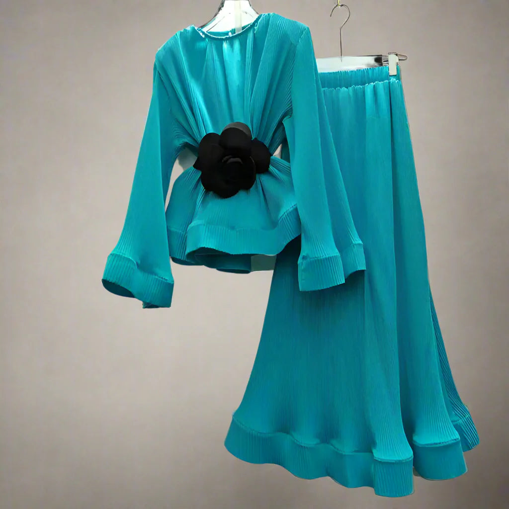 Pleated Puff Sleeve Ruffle Top & High Waist Mermaid Skirt Set