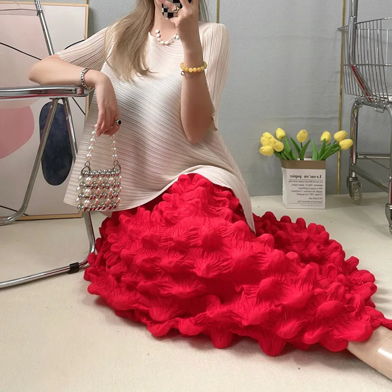 Miyake Pleated Sleeveless Bubbly Skirt Dress with Scarf