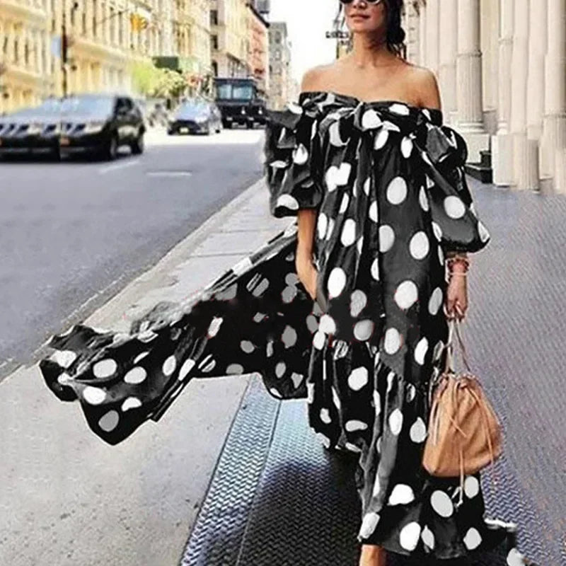 Off-Shoulder Polka Dot Maxi Dress