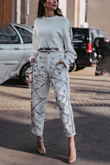 Sequin Denim Pencil Jeans High Waist Slim Fit