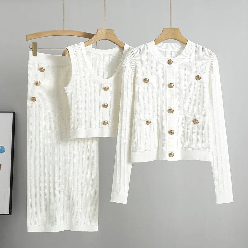 3-Piece Knitted Dress Set with Cardigan & Belt