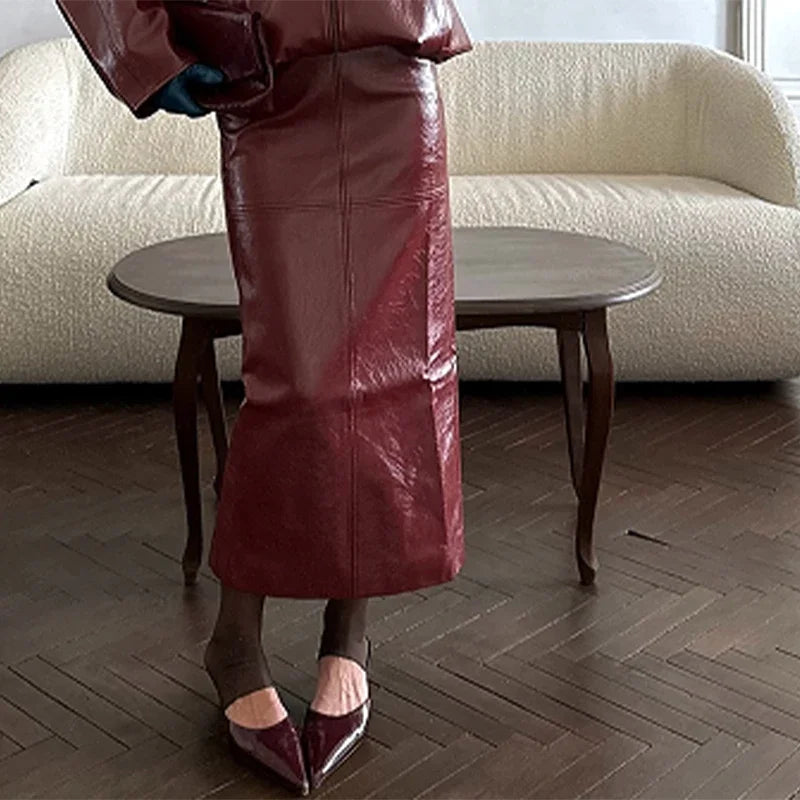 Faux Leather Jacket and Skirt Set