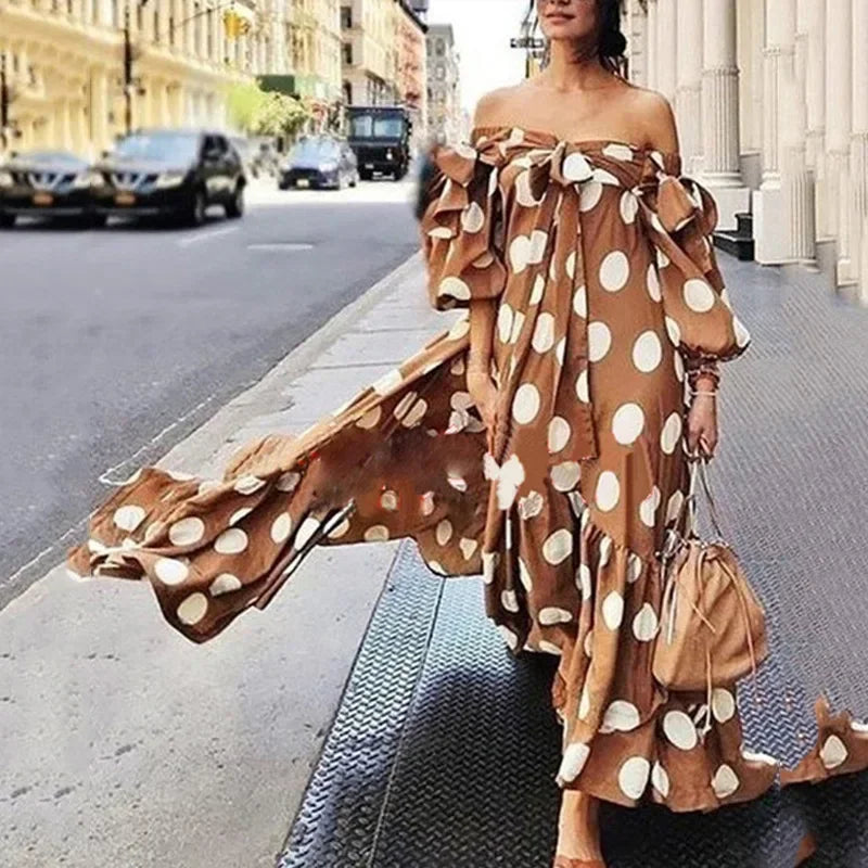 Off-Shoulder Polka Dot Maxi Dress