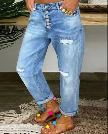 Ripped Low Waist Straight Leg Jean