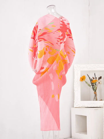 Miakiye V-Neck Batwing Sleeve Pleated Dress