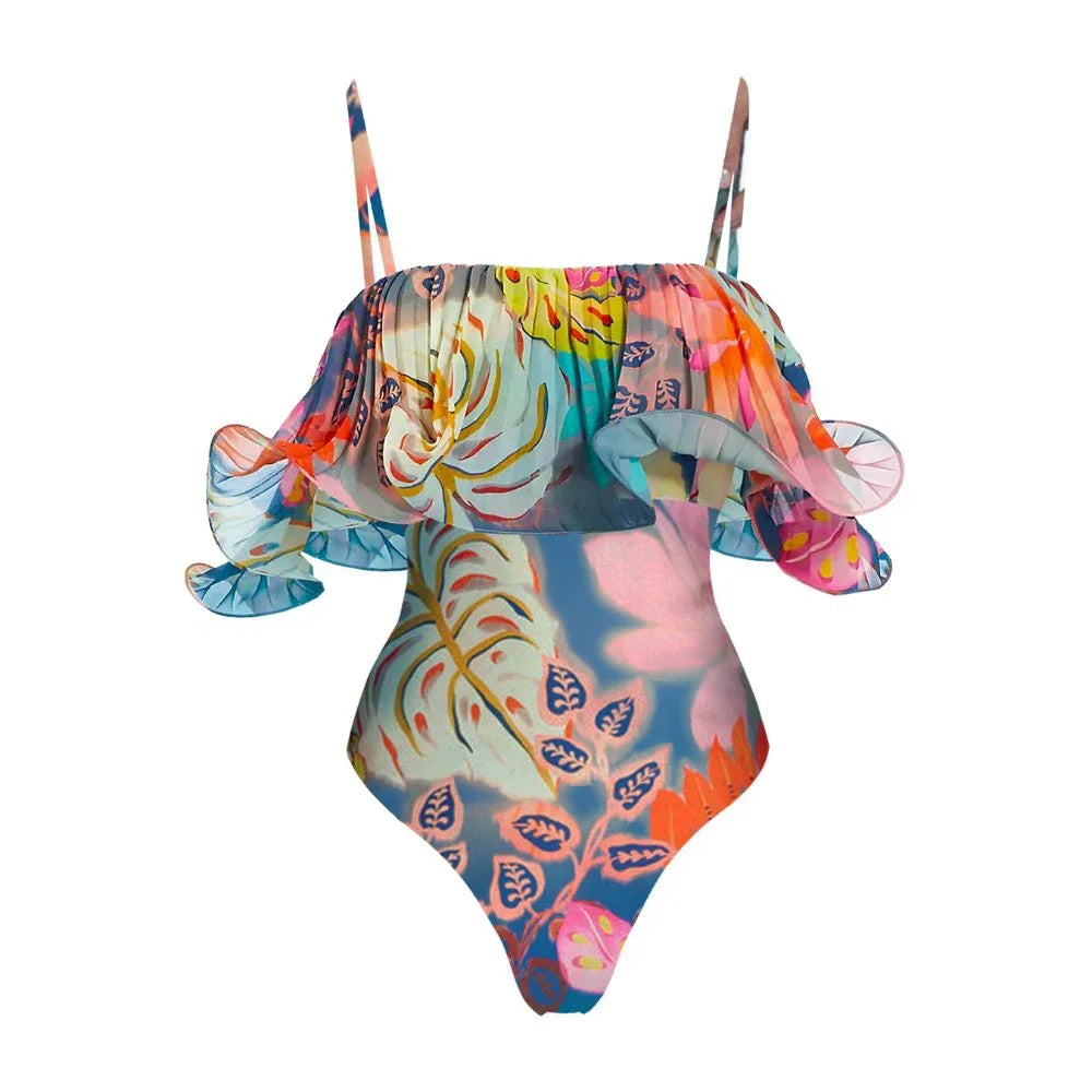 Flowers Printed One Piece Swimsuit and Skirt Beachwear Luxury Bathing Suit