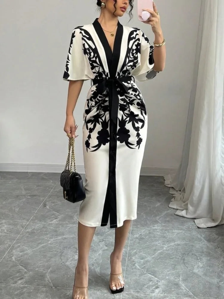 Elegant Floral V-Neck Half Sleeve Midi Dress