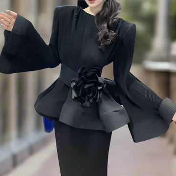 Pleated Puff Sleeve Ruffle Top & High Waist Mermaid Skirt Set