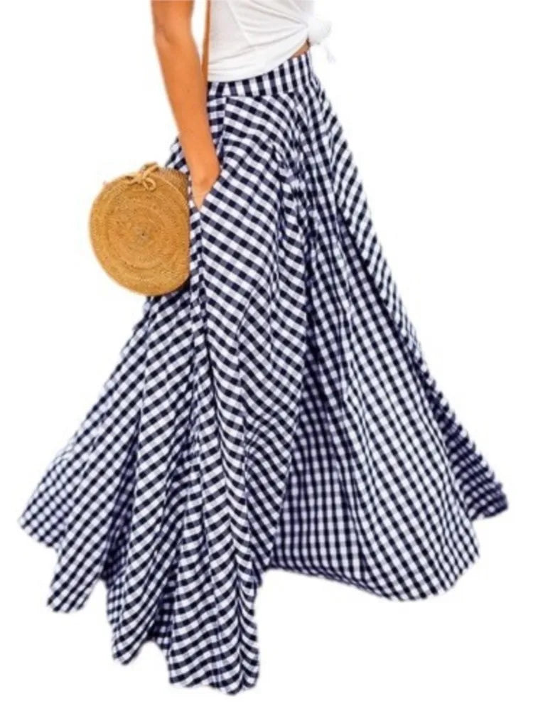 Pleated Bohemian Gingham Print A-Line Maxi Skirt with Pockets