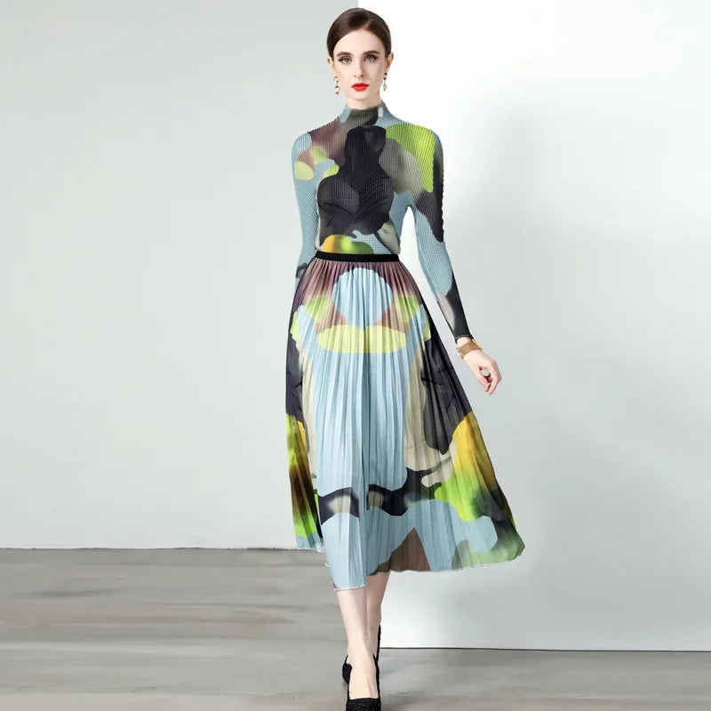 High Neck Abstract Print Midi Dress for Women