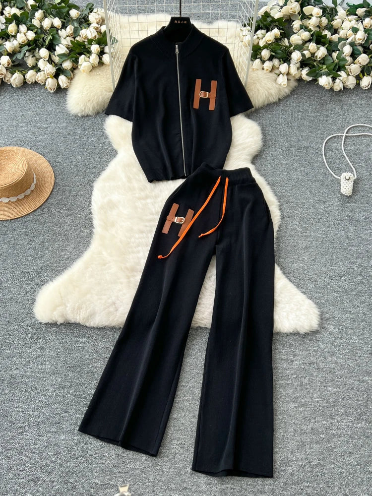 Leisure Short Sleeved Knitted Cardigan & High Waist Wide Leg Pants