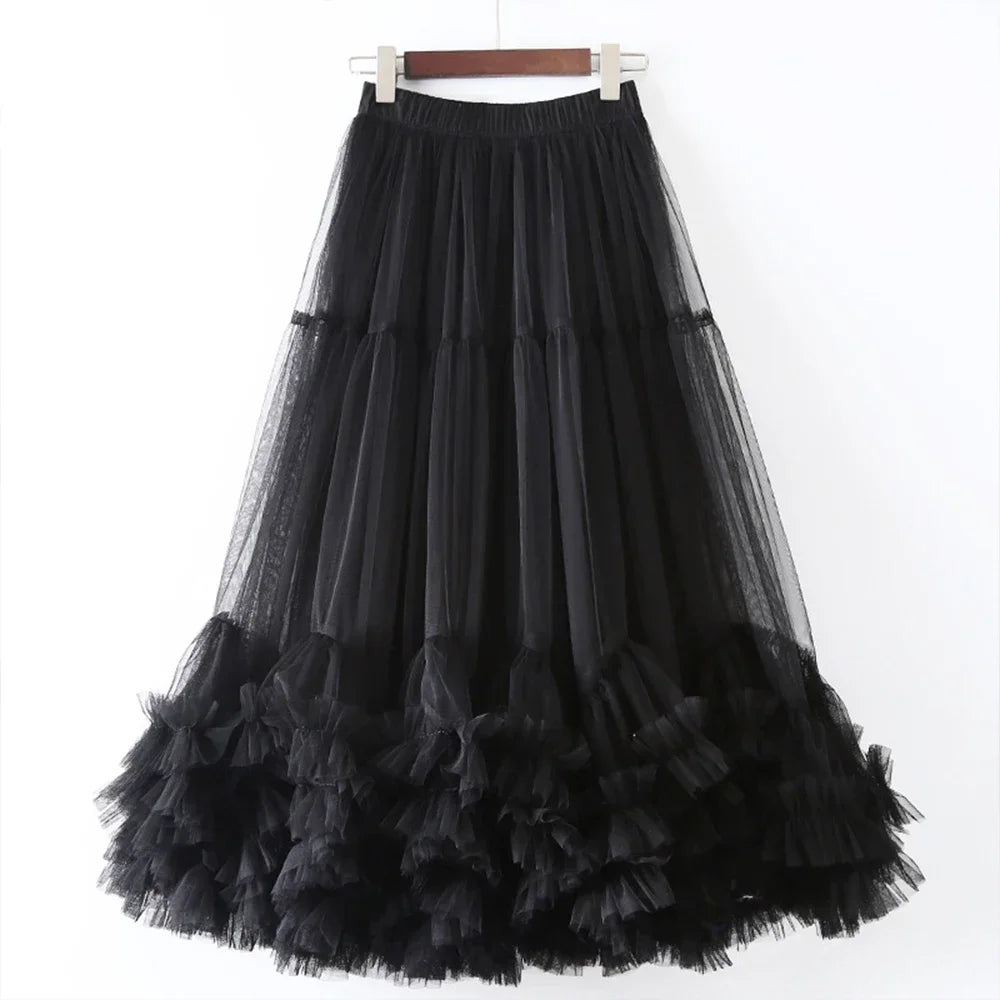 Long Mesh Layered Tulle Skirt