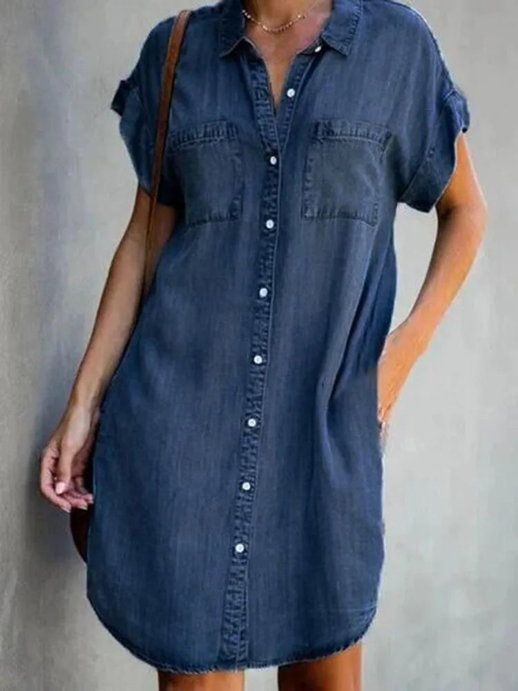 Casual Loose Fit Denim Shirt Dress with Pockets