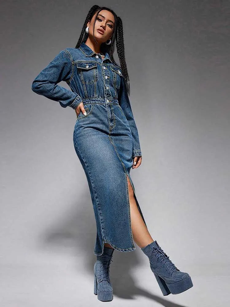 Turn-Down Collar Denim Maxi Dress