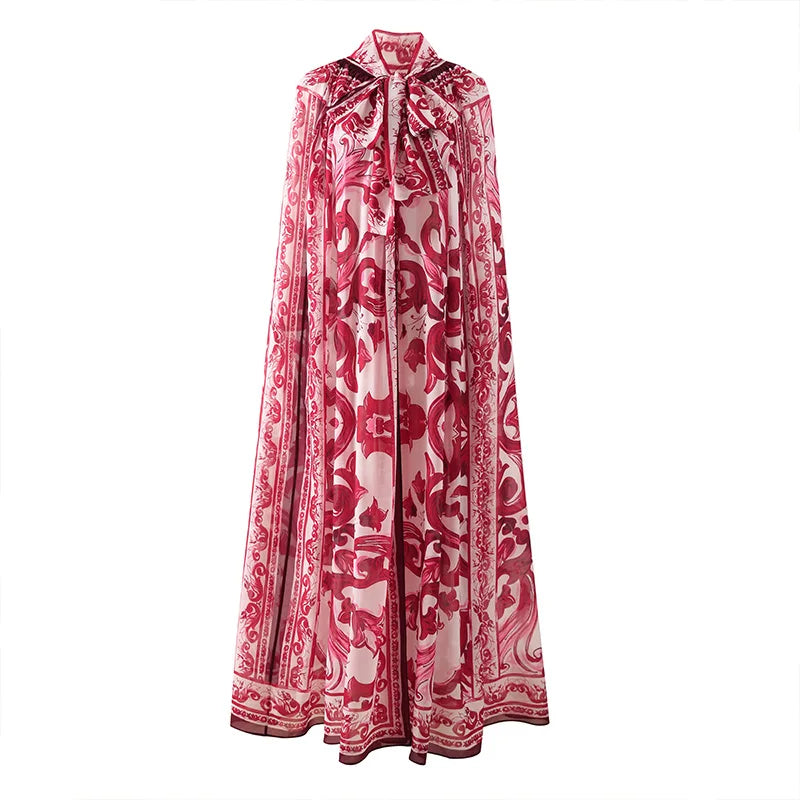 Porcelain Print Bow Cape Maxi Dress