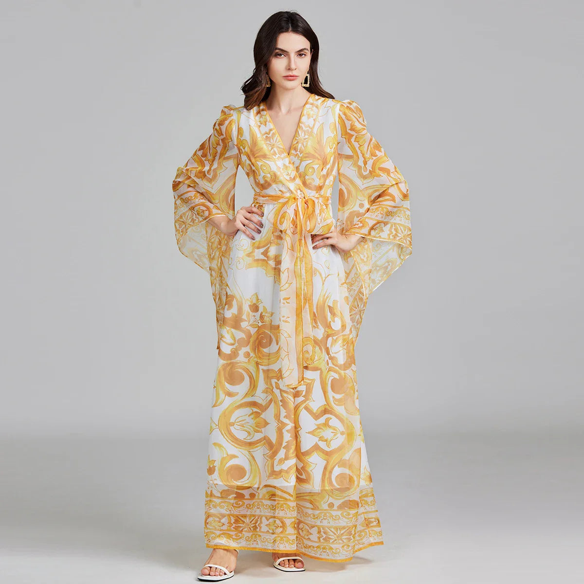 Golden White Porcelain Flower Print Maxi Dress