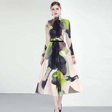 High Neck Abstract Print Midi Dress for Women