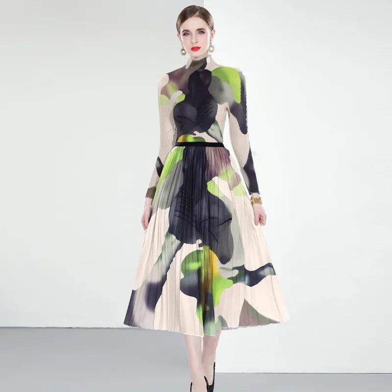 High Neck Abstract Print Midi Dress for Women