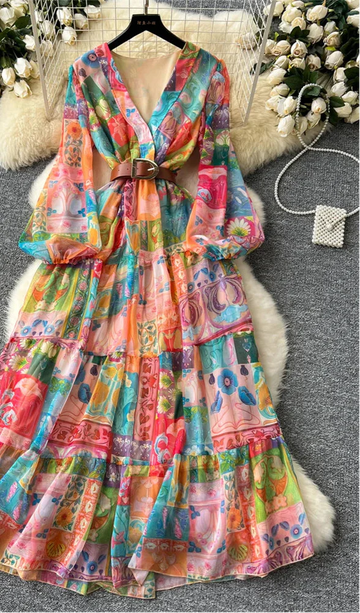 Floral Print Chiffon Dress With Belt Design