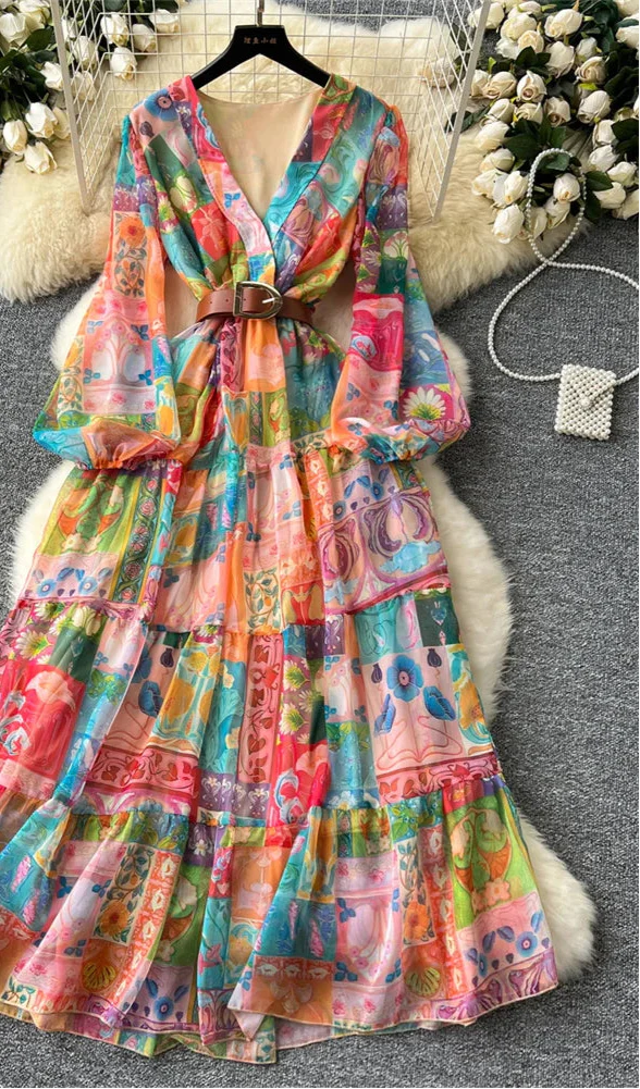 Floral Print Chiffon Dress With Belt Design