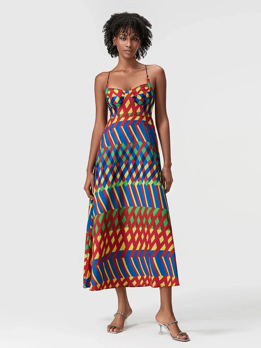 Contrast Line Slip Dress| Backless Spaghetti Strap