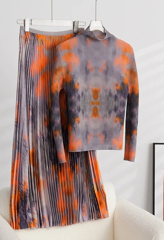 Tie Dye Pleated Two Piece Skirt Set for Women