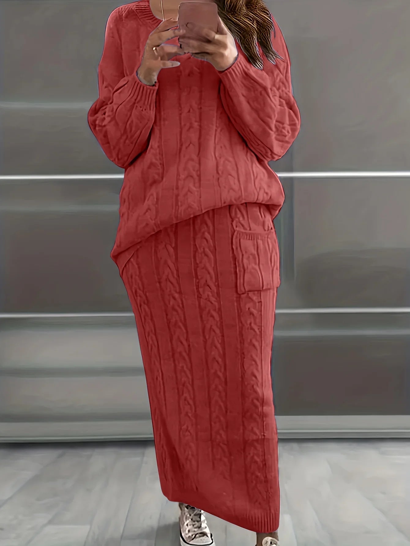 Solid Knitted Two Piece Skirt and Sweater Set for Women