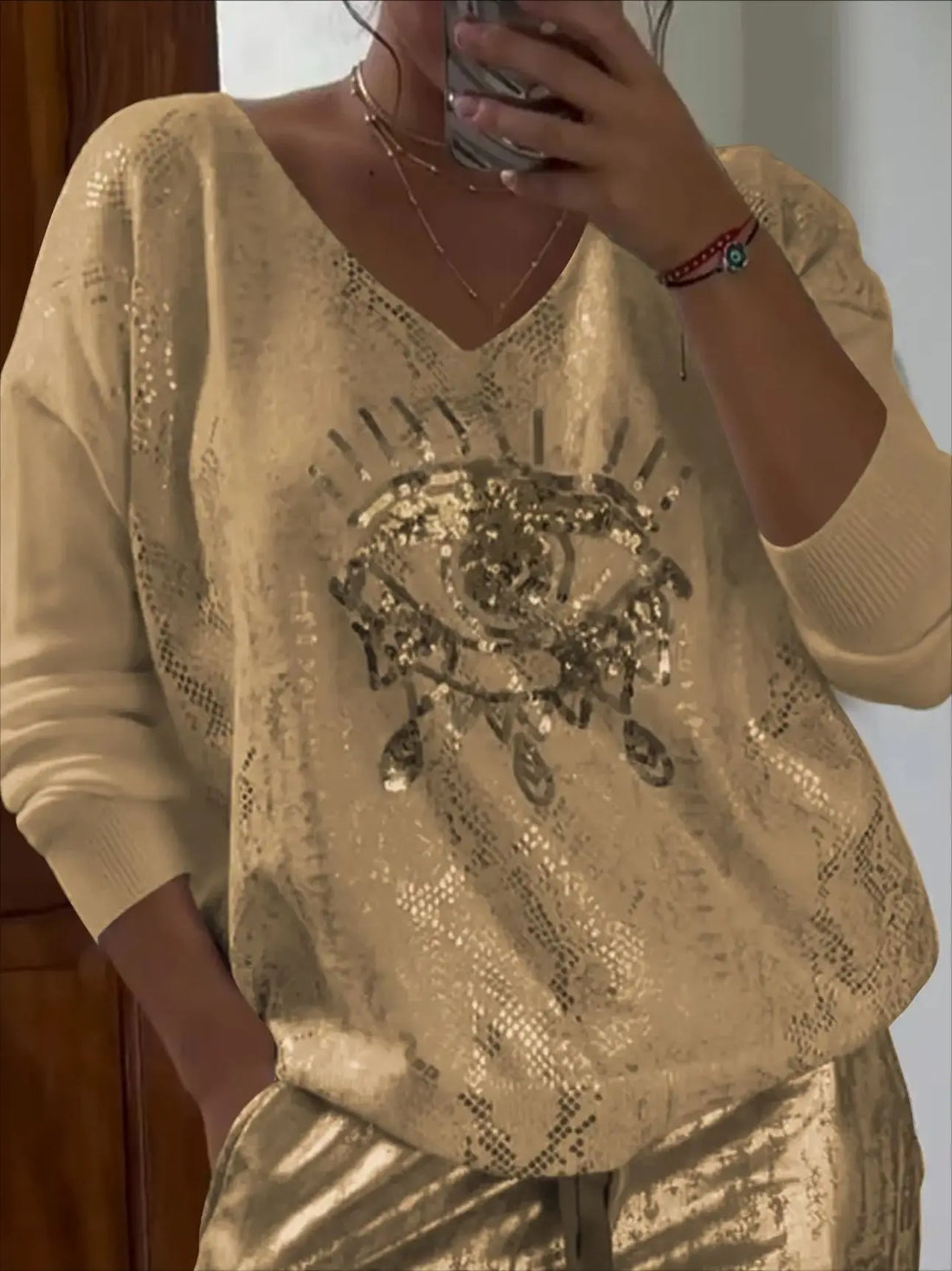 Eye of Protection V-Neck Loose Long Sleeve T-Shirt