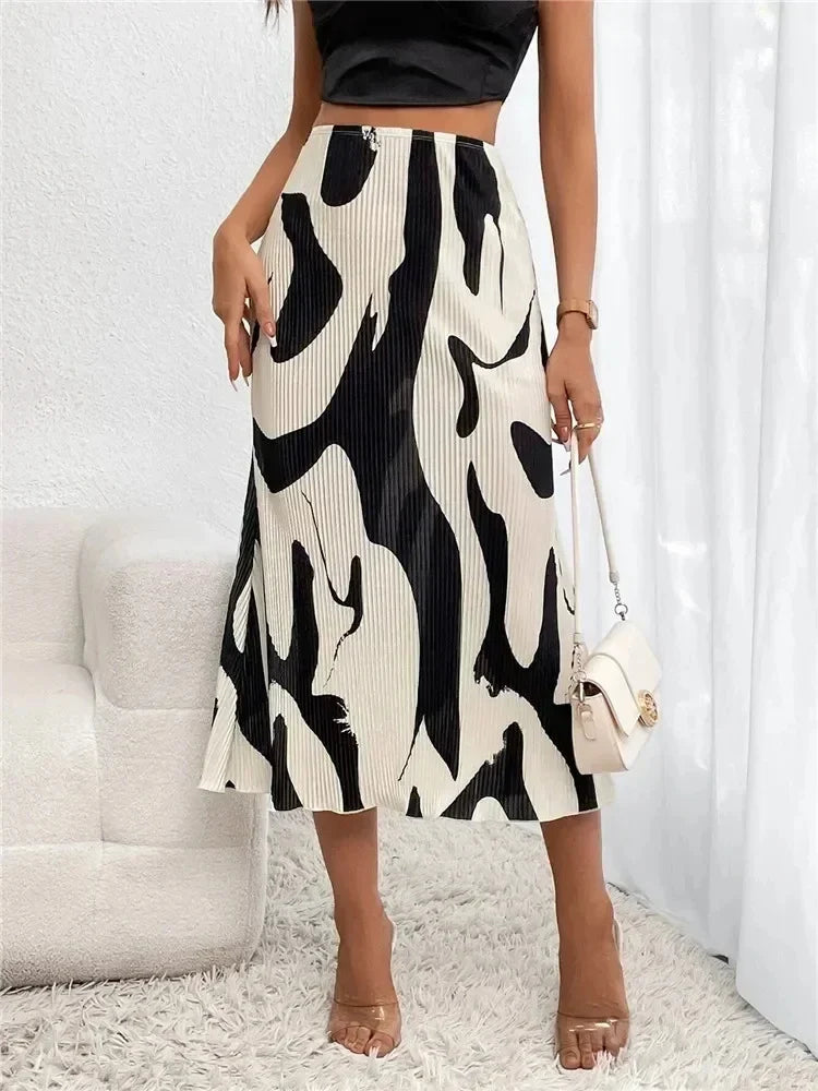 Graphic Print Pleated High Waist Maxi Skirt