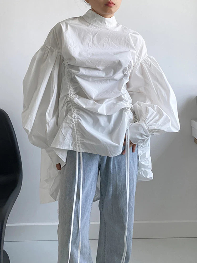 Drawstring Puffed Sleeve White Blouse
