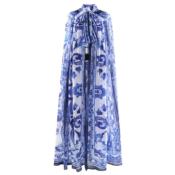 Porcelain Print Bow Cape Maxi Dress