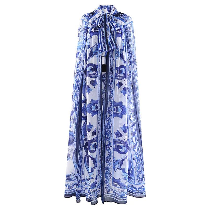 Porcelain Print Bow Cape Maxi Dress